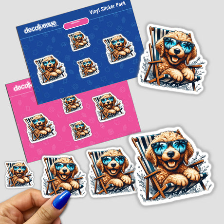 Peeking Golden Doodle Sitting in Beach Chair II sticker; features a cartoon dog wearing sunglasses, lounging in a chair, available as a sticker or digital artwork from Decal Venue.