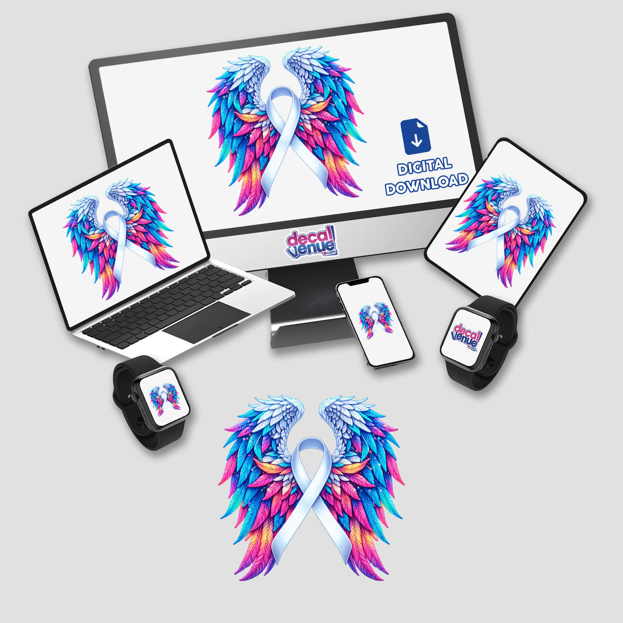 White Awareness Ribbon with Wings depicted on a laptop and monitor, showcasing its availability as stickers or digital artwork. Suitable for unique vinyl decals or digital collection.