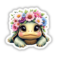 Adorable Turtle with a Spring Flower Crown, featuring a charming cartoon turtle adorned with vibrant flowers, perfect as a unique vinyl sticker or digital art from Decal Venue.