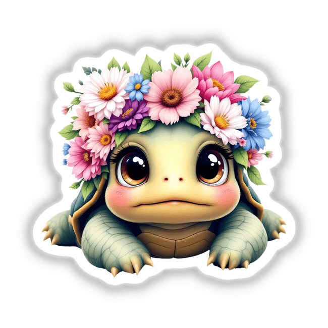 Adorable Turtle with a Spring Flower Crown, featuring a charming cartoon turtle adorned with vibrant flowers, perfect as a unique vinyl sticker or digital art from Decal Venue.