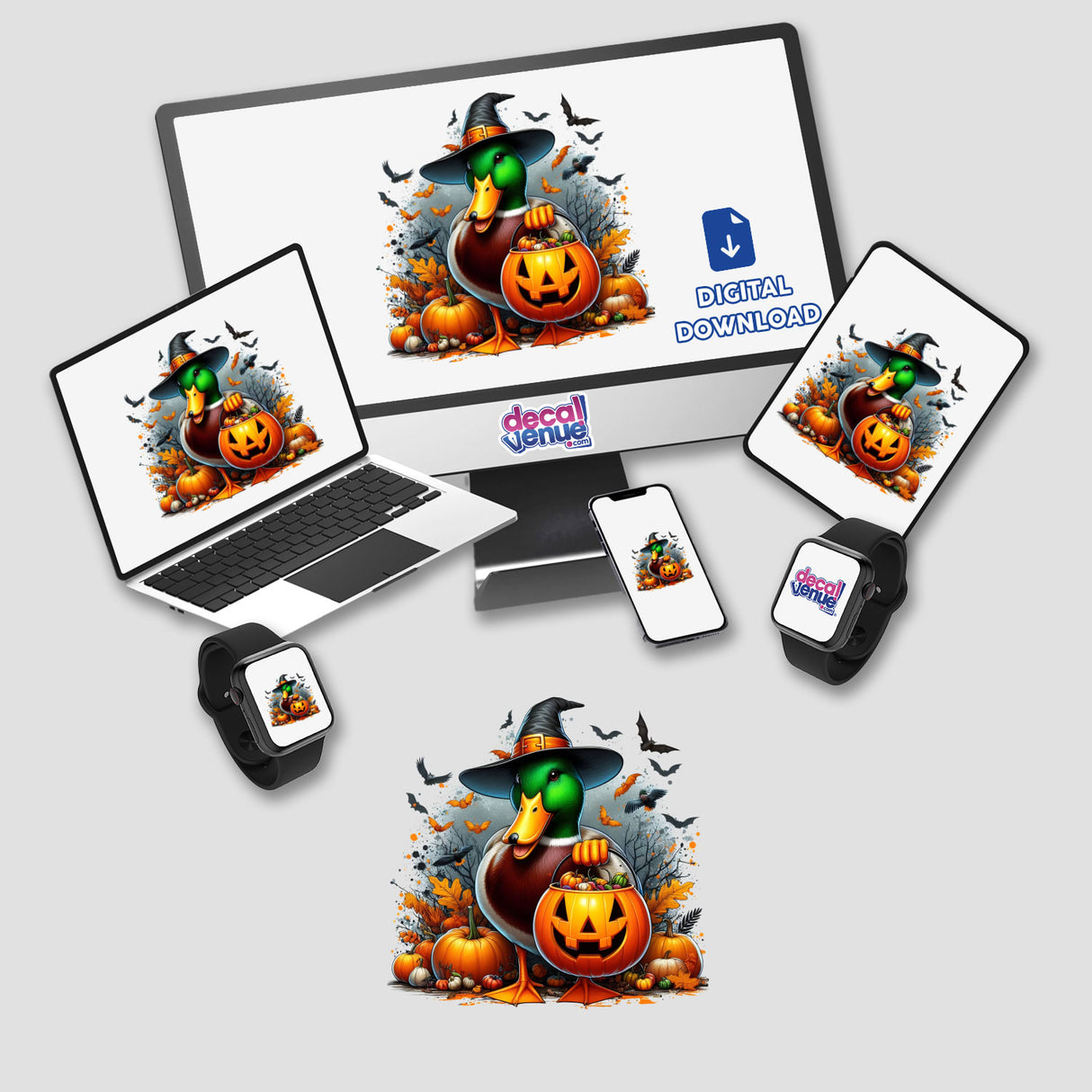 Halloween Mallard Duck Witch III stickers or digital artwork featuring a cartoon duck in a witch hat holding a pumpkin, displayed on various devices including a laptop, monitor, tablet, phone, and smartwatch.