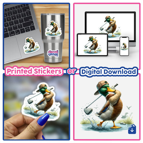 Mallard Duck Golfer Swinging Club - Artistic digital artwork of a golfing mallard duck, available as printed stickers or digital download from Decal Venue.