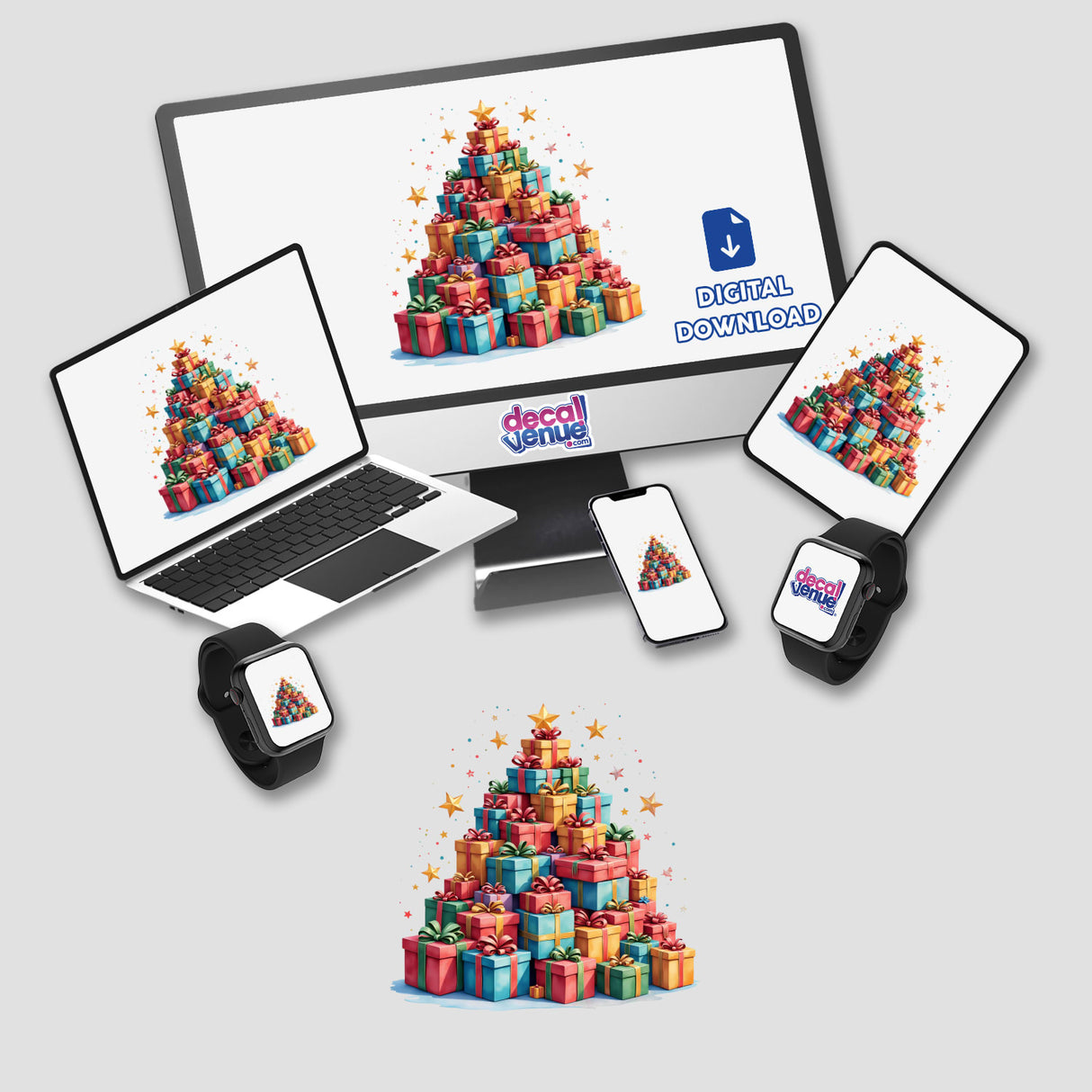 Christmas Presents Tree displayed on a computer monitor and laptop, showcasing a stack of gifts. Available as stickers or digital artwork from Decal Venue, known for unique stickers and digital art.