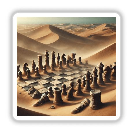 Chessboard in sand titled Timeless Game - Chess Pieces Frozen in Sand, available as stickers or digital artwork.