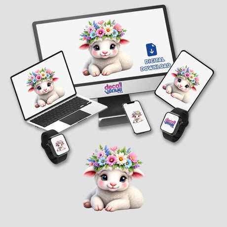 Adorable Lamb Adorned with a Blooming Floral Crown, featured on a laptop, smartwatch, and phone, showcasing whimsical digital art and sticker designs from Decal Venue.