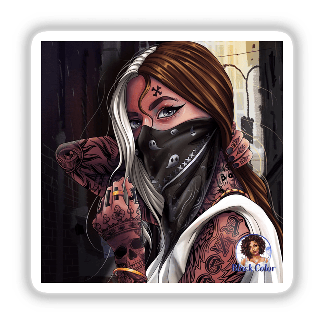 Gangsta Queen: Cartoon woman with facial tattoos, curly hair, and a bandana on her neck, available as stickers or digital artwork from Decal Venue.
