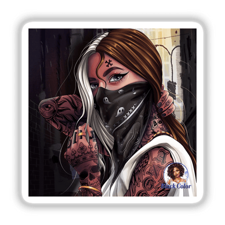 Gangsta Queen: Cartoon woman with facial tattoos, curly hair, and a bandana on her neck, available as stickers or digital artwork from Decal Venue.