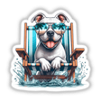 Peeking White Pitbull Sitting in Beach Chair, depicted with sunglasses, available as stickers or digital artwork from Decal Venue, showcasing unique vinyl stickers and digital art.
