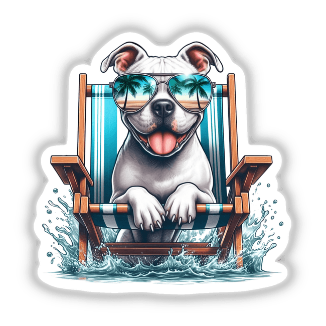 Peeking White Pitbull Sitting in Beach Chair, depicted with sunglasses, available as stickers or digital artwork from Decal Venue, showcasing unique vinyl stickers and digital art.