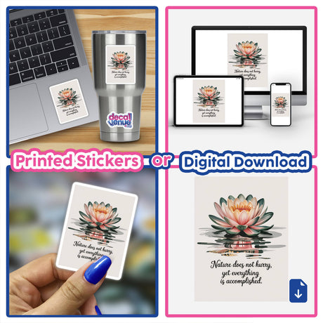 Nature Does Not Hurry Quote Sticker or Clipart with Commercial Rights - Lao Tzu Water Lily Design, featuring a collage of stickers and digital downloads, showcasing applications on laptops and cups.