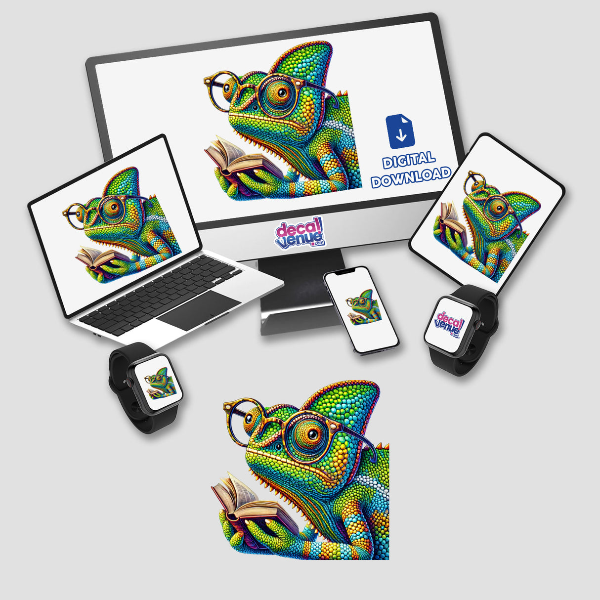 Chameleon With Reading Glasses Open Book depicted on a computer monitor and laptop, available as unique stickers or digital artwork from Decal Venue.