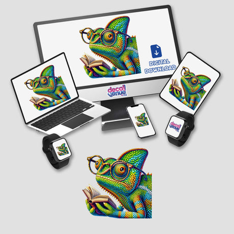 Chameleon With Reading Glasses Open Book depicted on a computer monitor and laptop, available as unique stickers or digital artwork from Decal Venue.