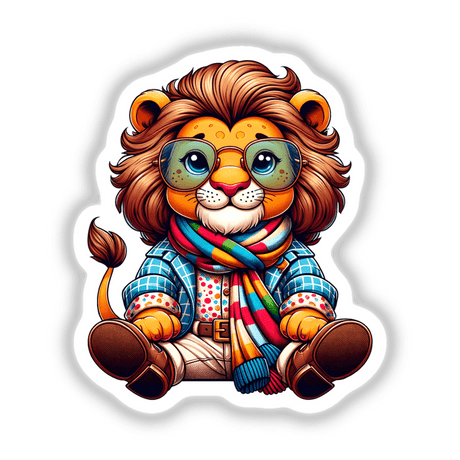 Stylish Lion cartoon wearing glasses and a scarf, available as stickers or digital artwork from Decal Venue.