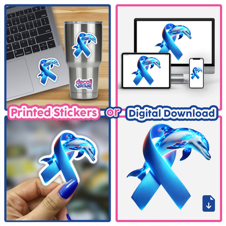Dolphin Colon Cancer Awareness Blue Ribbon depicted with a collage of dolphins and a laptop, available as unique stickers or digital artwork from Decal Venue.