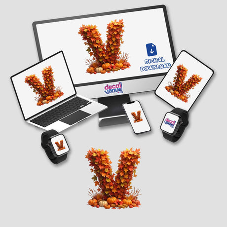 Thanksgiving Letter V Clipart featuring fall leaves and pumpkins displayed on a computer monitor and laptop screen, available as stickers or digital artwork.