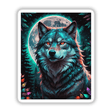 A digital artwork titled A Wolf In The Night With A Bright Moon, depicting a wolf with glowing eyes against a moonlit backdrop, available as stickers or digital artwork from Decal Venue.