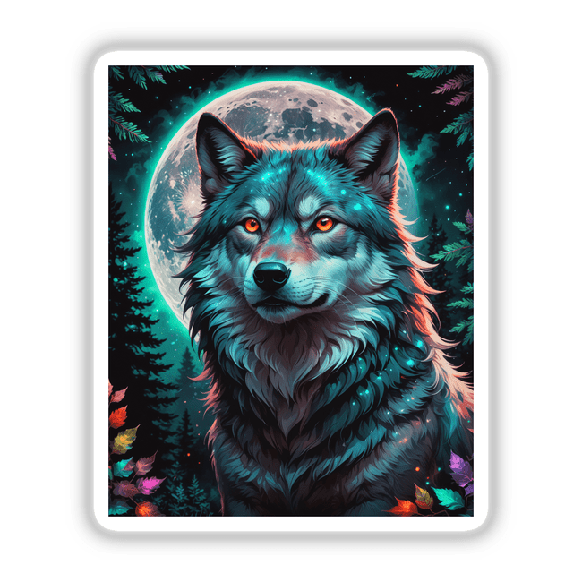 A digital artwork titled A Wolf In The Night With A Bright Moon, depicting a wolf with glowing eyes against a moonlit backdrop, available as stickers or digital artwork from Decal Venue.
