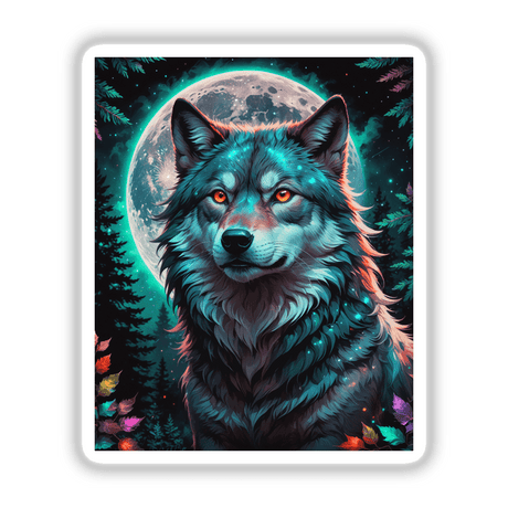 A digital artwork titled A Wolf In The Night With A Bright Moon, depicting a wolf with glowing eyes against a moonlit backdrop, available as stickers or digital artwork from Decal Venue.