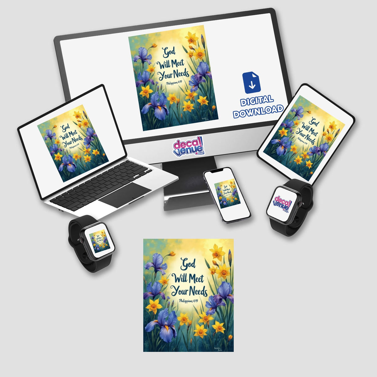 Fauvist Spring Daffodil “God Will Meet Your Needs” Philippians 4:19 Sticker or Clipart, featuring vibrant floral designs displayed on various electronic devices, available with commercial rights.