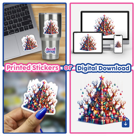 Reindeer Christmas Tree collage featuring festive stickers of reindeers and Christmas trees, suitable as laptop decals or digital artwork, embodying Decal Venue's unique sticker and art collection.