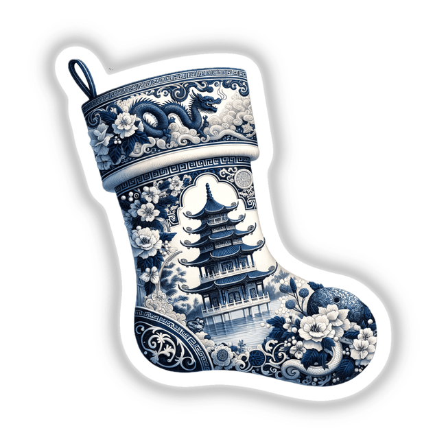 Chinoiserie Christmas Stocking featuring intricate blue and white patterns, available as stickers or digital artwork. Ideal for adding a touch of elegance to festive decor.