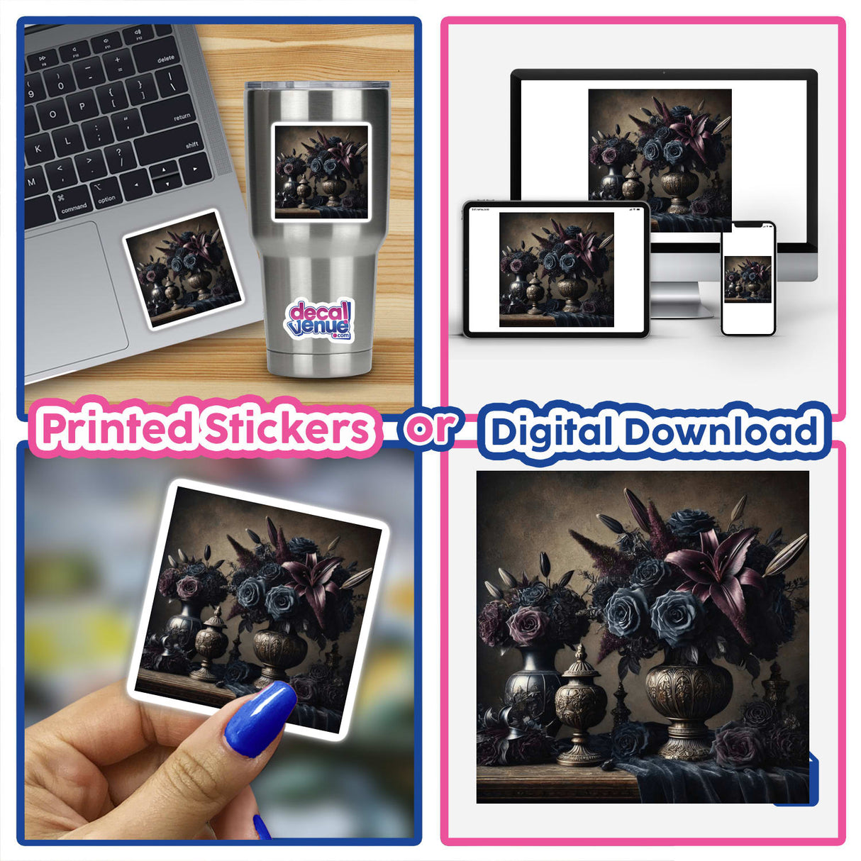 Collage of Gothic Baroque - Dark Floral Arrangements in Ornate Vases digital artwork, featuring a laptop with floral images, a hand holding a flower picture, and close-ups of flower details.