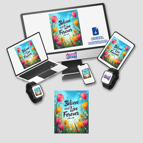 Fauvist Spring Daisy “Believe and Live Forever” John 3:16 Sticker or Clipart featuring a floral design displayed on a computer monitor and laptop screen, available with commercial rights.