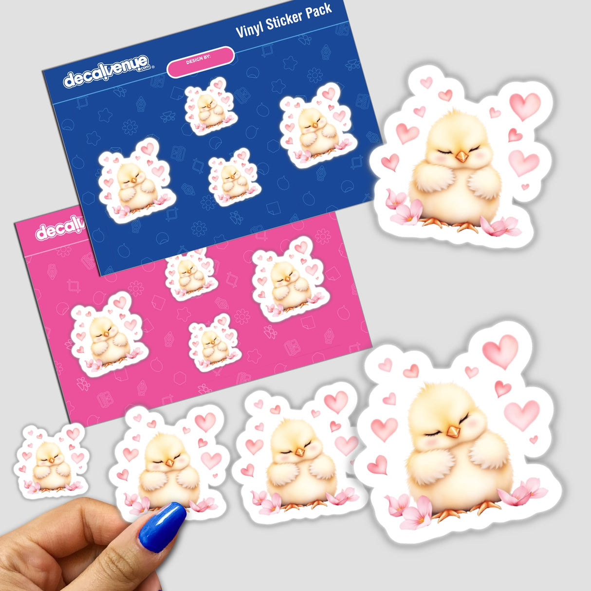 Sleeping Chick with Heart Petals sticker pack featuring adorable baby chick amidst heart petals, capturing innocence and joy, perfect for personalizing items with a whimsical touch from Decal Venue.