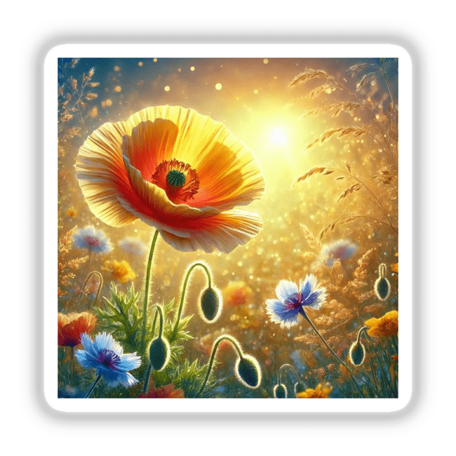 Golden Poppy - Sun-Kissed Meadow Delight: A detailed close-up painting of vibrant flowers, available as stickers or digital artwork.