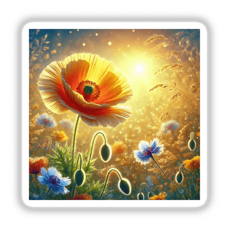 Golden Poppy - Sun-Kissed Meadow Delight: A detailed close-up painting of vibrant flowers, available as stickers or digital artwork.