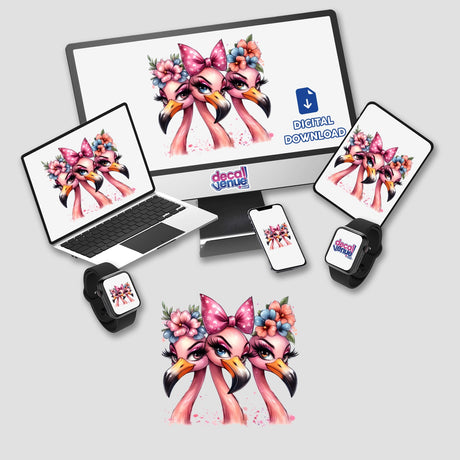 Sassy Flamingo Trio Birds displayed on a computer monitor and laptop, showcasing digital artwork of flamingos with flowers. Available as stickers or digital artwork from Decal Venue.