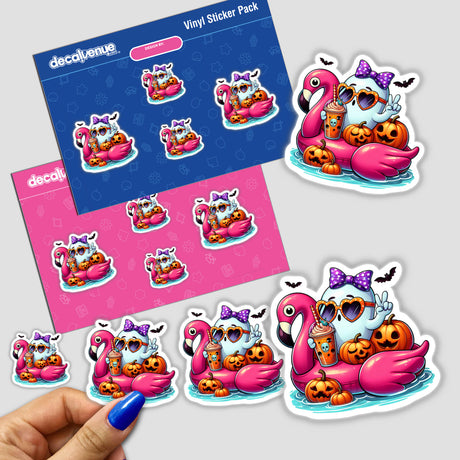 Cute Halloween Peace Ghost on Flamingo Float sticker set featuring pumpkins, birds, and other Halloween characters.
