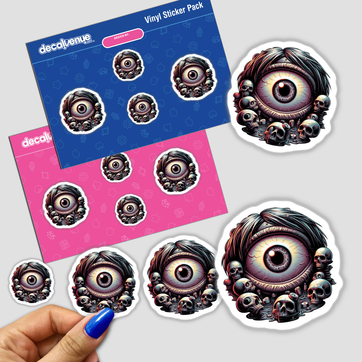 Detailed digital illustrations of striking eyeball-themed stickers on a Vinyl Sticker Pack from the Decal Venue store, showcasing unique, eye-catching designs with surreal and whimsical elements.