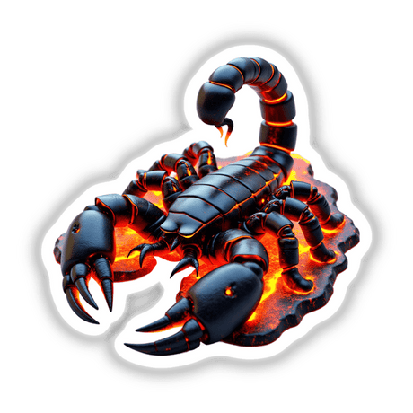 Molten Lava Scorpion depicted on a rocky surface, available as stickers or digital artwork, showcasing intricate design and vivid detailing, embodying Decal Venue's unique artistic flair.