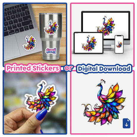 Peacock Stained Glass Style sticker displayed on a laptop and held by a person, showcasing intricate, colorful design elements typical of Decal Venue's unique sticker and digital art offerings.