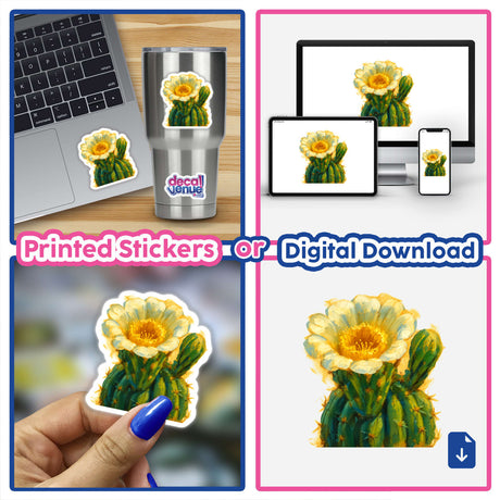 Saguaro Cactus Blossom Sticker or Clipart depicting Arizona's state flower, available as stickers or digital artwork. Perfect for those seeking unique vinyl designs with commercial rights.