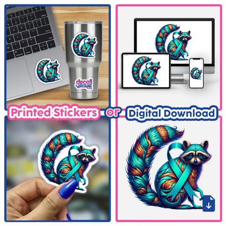 Raccoon Teal Ribbon Ovarian Cancer Awareness stickers show a raccoon with a blue ribbon. Available as unique vinyl decals or digital artwork, reflecting Decal Venue's creative range.