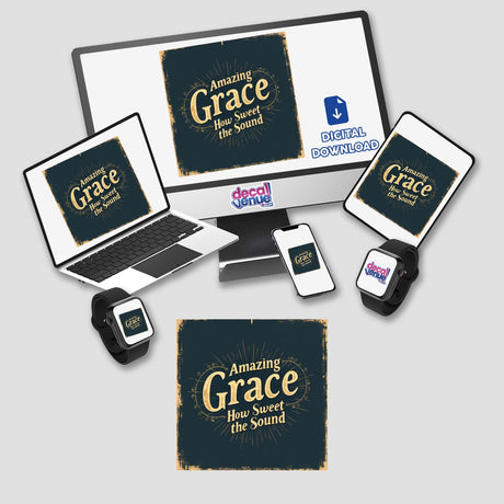 Amazing Grace Vintage Typography Design showcased on a computer monitor and laptop, available as a Sticker or Digital Artwork with Commercial Rights. Includes phone and smartwatch displays, emphasizing its versatile application.