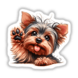 Peeking Yorkie Dog Waving Hello sticker or digital artwork featuring a cute Yorkie with its paw raised, capturing attention with a close-up of its face and expressive eyes.