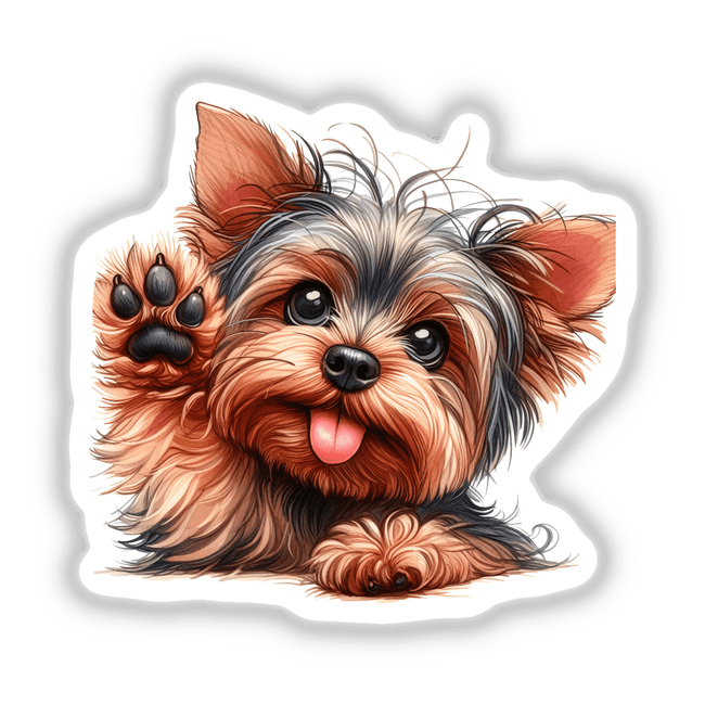 Peeking Yorkie Dog Waving Hello sticker or digital artwork featuring a cute Yorkie with its paw raised, capturing attention with a close-up of its face and expressive eyes.
