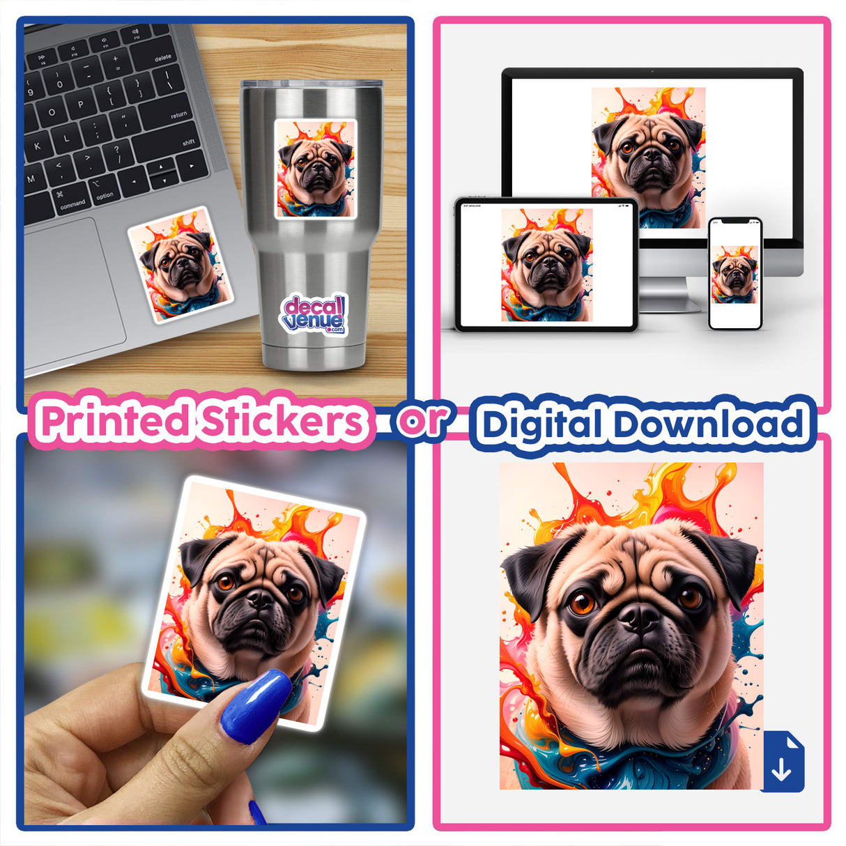 A collage featuring A Cute Pug - Animal Portrait displayed on a laptop screen, alongside digital artwork options showcasing the pug for stickers or digital art from Decal Venue.