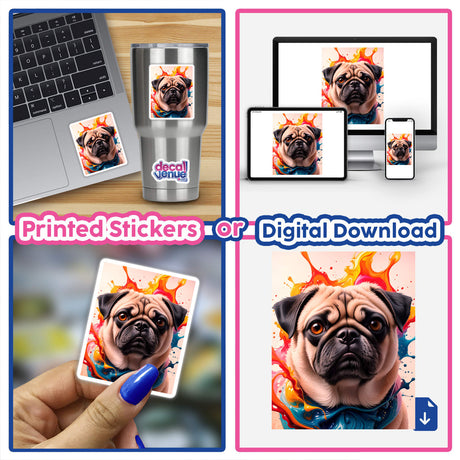 A collage featuring A Cute Pug - Animal Portrait displayed on a laptop screen, alongside digital artwork options showcasing the pug for stickers or digital art from Decal Venue.