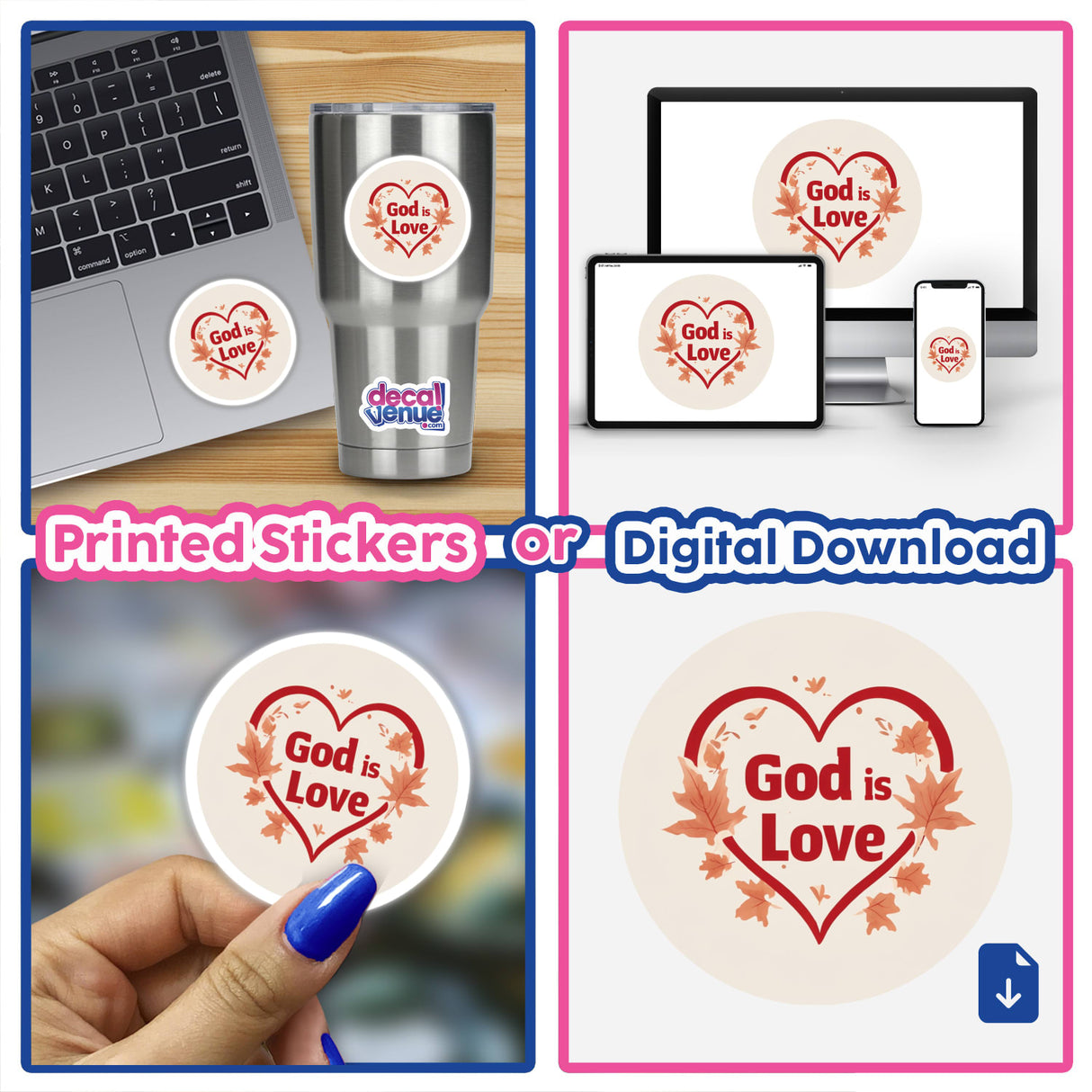 God is Love Sticker & Clipart featuring 1 John 4:8 Bible Verse in a collage of stickers, laptop with sticker, and a person holding a heart-shaped sticker with leaves.