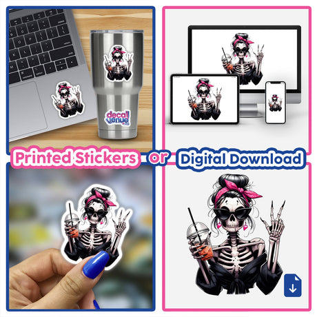 Spooky skeleton with pink bandana illustrated digital artwork for stickers or digital download