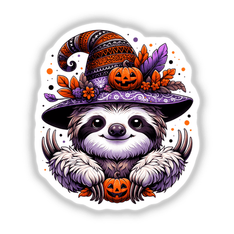 Halloween Sloth in Witch Hat: Cartoon sloth wearing a pointed witch hat, available as stickers or digital artwork.