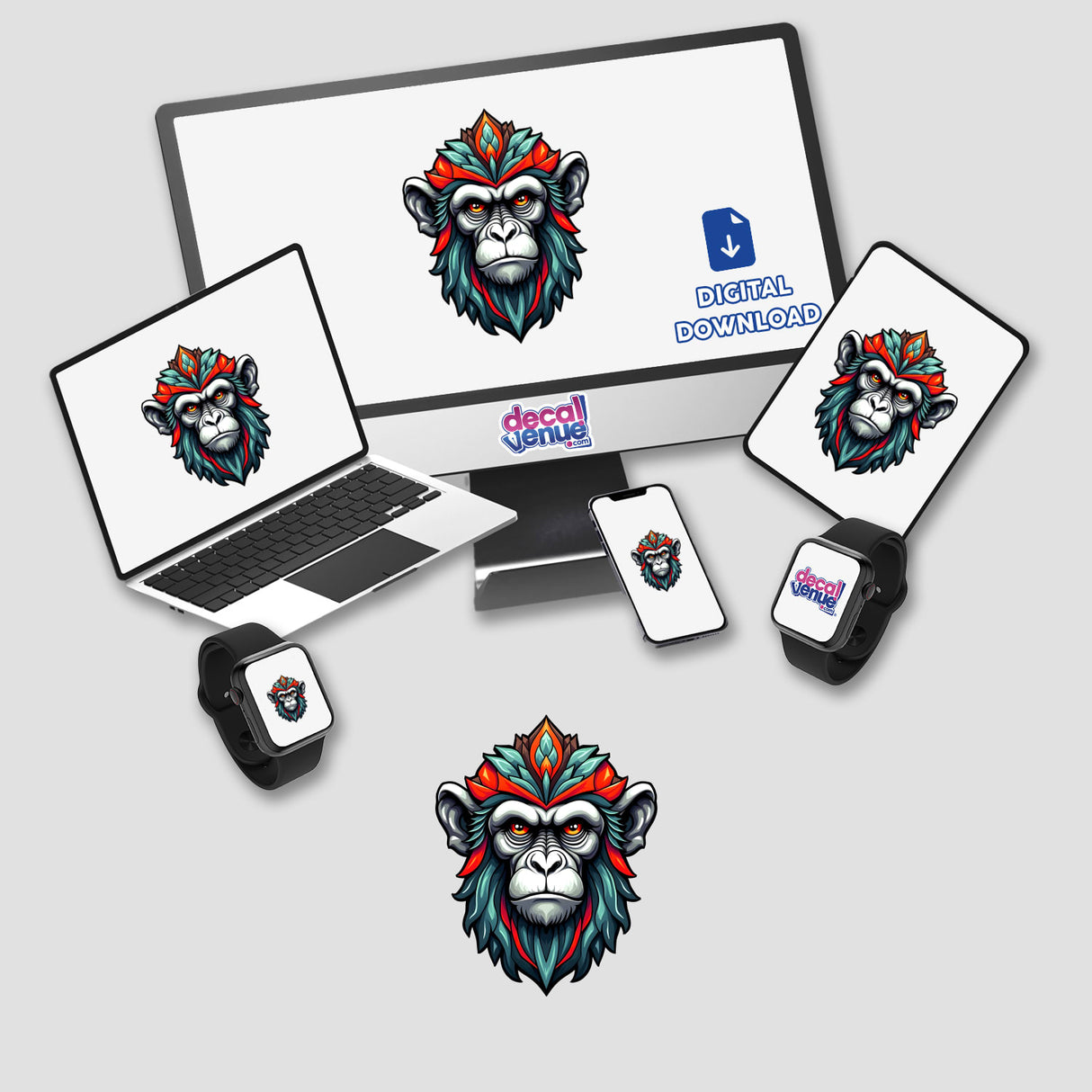 A Cool Monkey King digital artwork displayed on a computer monitor and laptop, featuring a cartoon monkey with a colorful headdress, available as stickers or digital artwork from Decal Venue.