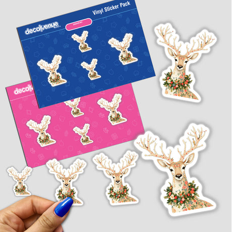 Chinoiserie Reindeer sticker pack showcasing intricate deer designs adorned with flowers, available as both stickers and digital artwork.