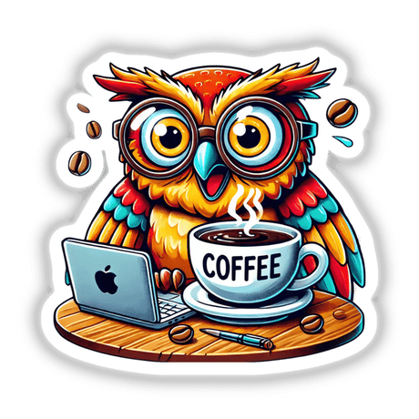 Caffeine Addicted Owl Coffee: Cartoon owl with glasses at a table with a laptop and coffee cup, available as stickers or digital artwork.