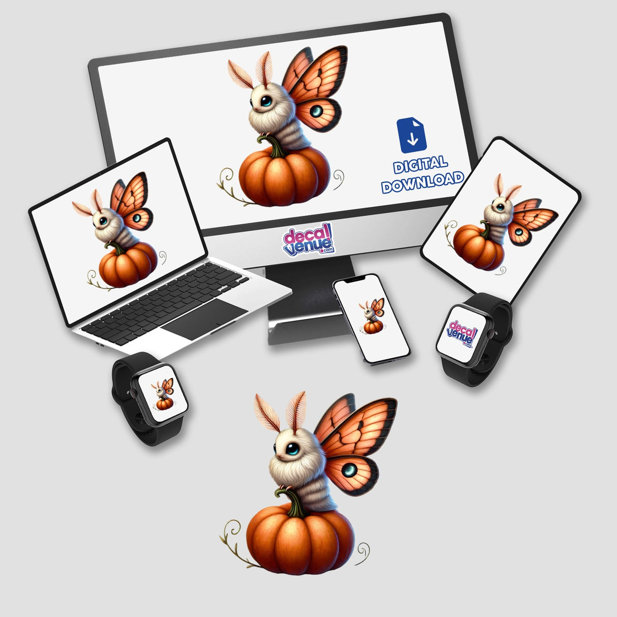 Moth on Pumpkin digital artwork displayed on a computer monitor and laptop screen, available as stickers or digital art from Decal Venue.