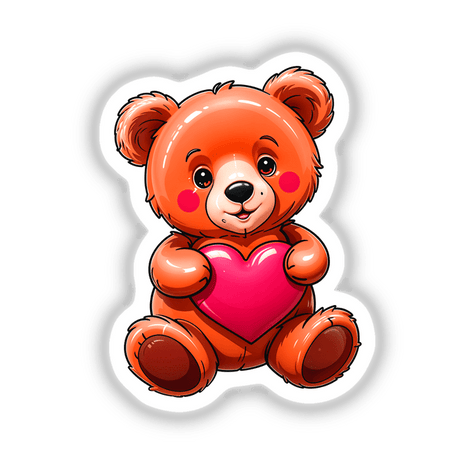 Cute Valentine's Day Teddy Bear cartoon holding a heart, available as stickers or digital artwork. Perfect for expressing love with unique charm from Decal Venue.